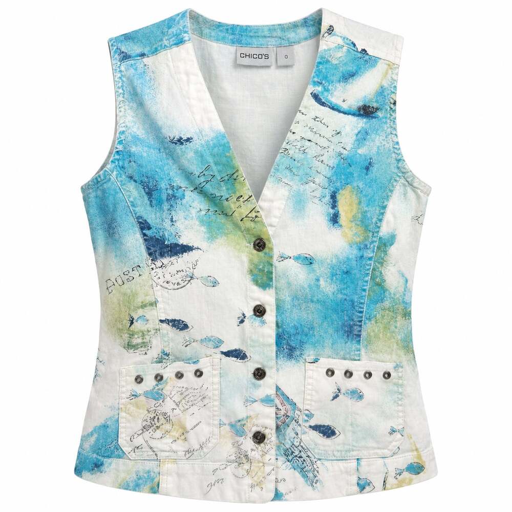 Chicos 0 Postcard Print Vest Small Blue Cotton Button V Neck Cruise Artsy